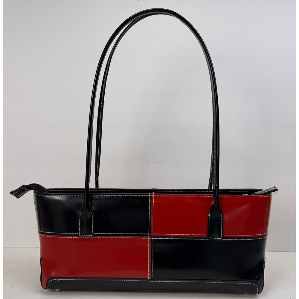 Vintage Red Black Colorblock Patent Baguette Shoulder Bag Y2K Mod Style